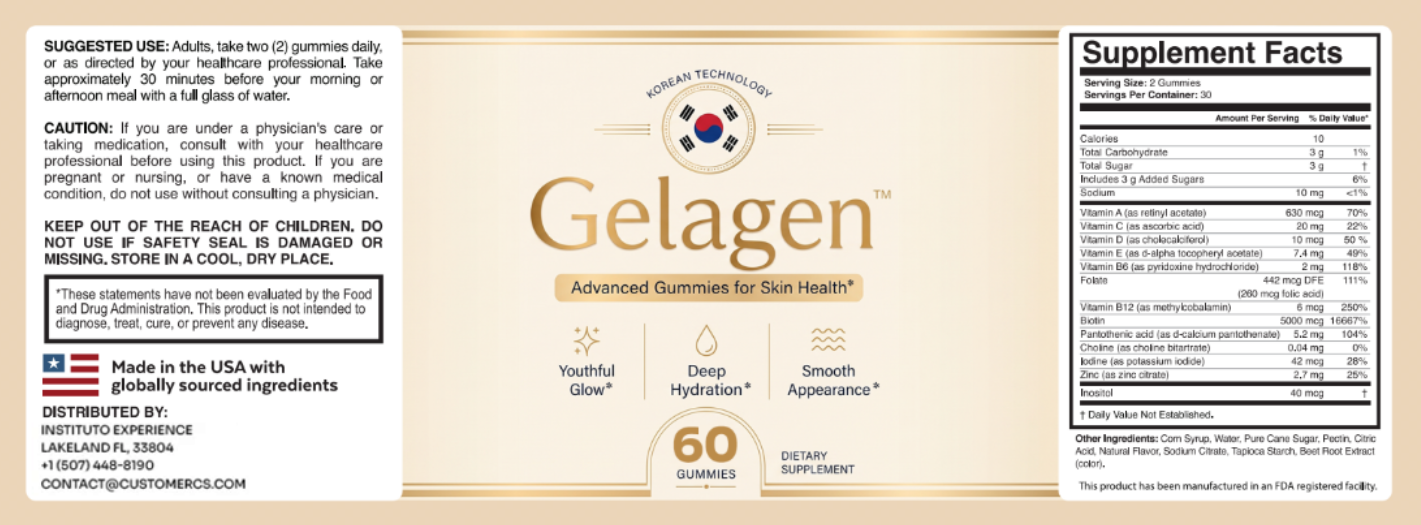 Gelagen Supplement Facts label showing serving size, ingredients, and daily values